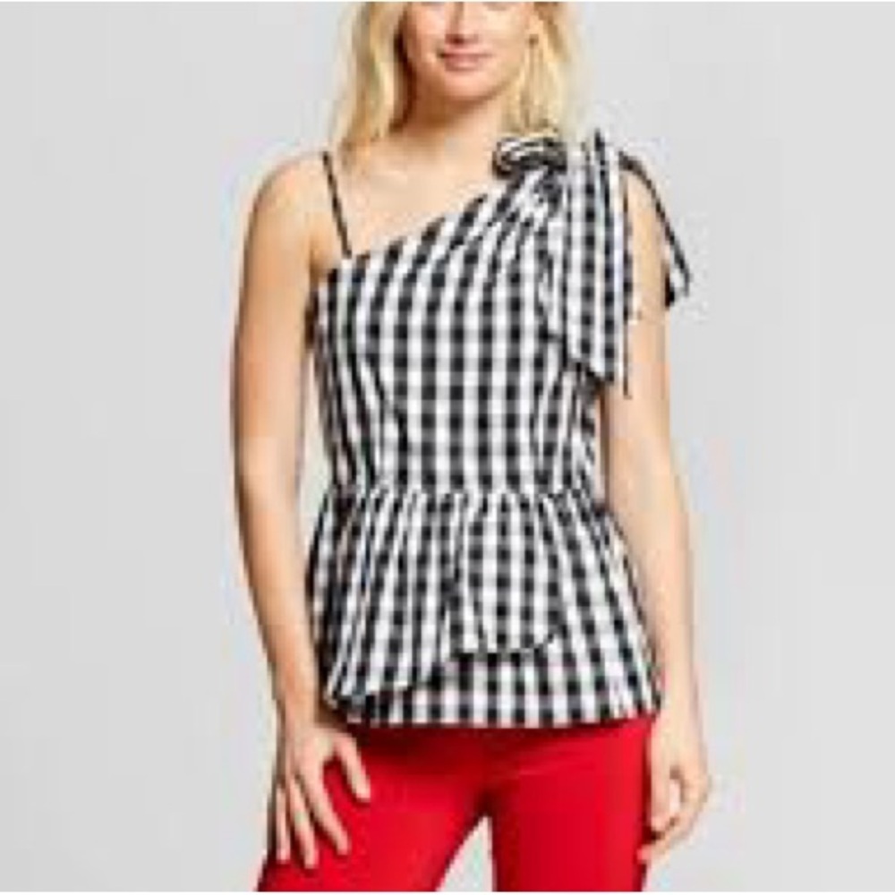 Who What Wear • Gingham Peplum One Shoulder Tie Blouse